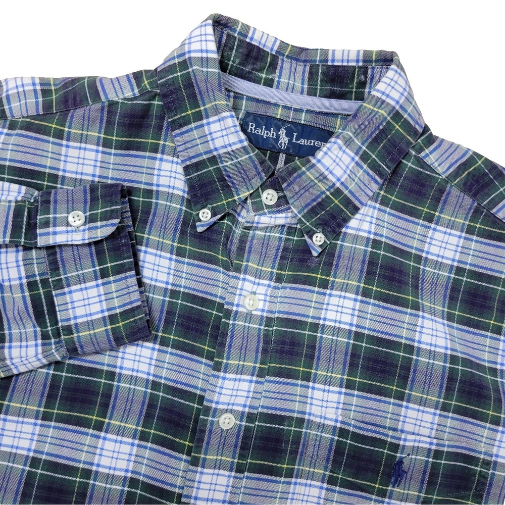 Vintage Ralph Lauren Mens Large Multicolor Plaid Navy Pony Button Down